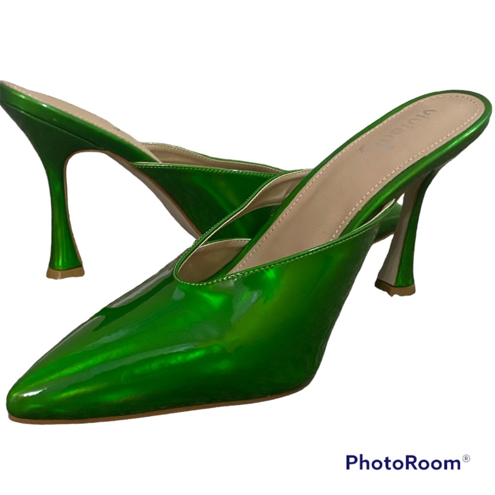 Vivianly Shiny Green Pointed Toe Heels